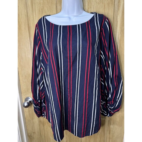 Cabi Top Womens Large Flag Blouse Balloon Navy Blue Cotton Striped Relaxed - Picture 1 of 7